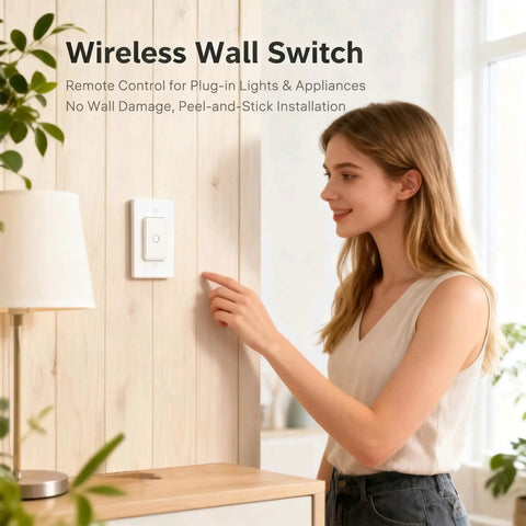 Woman using Wireless Remote Outlet Switch Kit With 656 Foot Range No Wiring Required Pre Programmed on wall