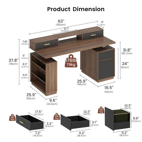 Product dimensions of Premium 63 Inch Electric Height Adjustable Standing Desk With Four Drawer Filing Cabinet.