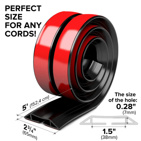 Rolled Overfloor Cord Protector 5 Foot Self Adhesive Silicone Cable Cover with dimensions and red color.