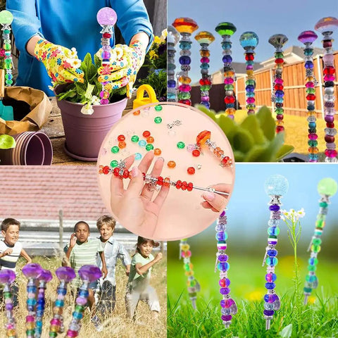 24 Pcs M4 Threaded Rods With Hex Nuts, DIY garden beaded stakes in use, colorful beads, outdoor decor, stainless steel, 300mm length