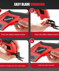 Heavy Duty Electric Box Cutter 3000mAh Cordless Cardboard Scissors With Safety Lock Rechargeable Battery For Leather Carpet Plastic Unpack And Crafts Quick High Speed Cutting Tool B-04 blade change process in four steps
