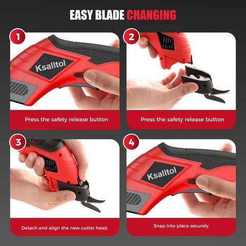 Heavy Duty Electric Box Cutter 3000mAh Cordless Cardboard Scissors With Safety Lock Rechargeable Battery For Leather Carpet Plastic Unpack And Crafts Quick High Speed Cutting Tool B-04 blade change process in four steps