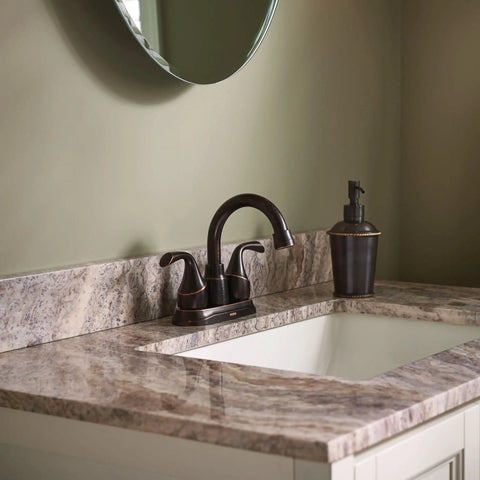 Idora Mediterranean Bronze Two Handle Centerset Bathroom Faucet With Drain Assembly High Arc Spout on marble sink