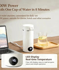 Grab And Go Travel Kettle, 500 Ml Heated Water Cup, 6 Temp Controls, 300W Fast Boil on a desk with laptop and drinks.