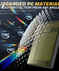 Image showing upgraded PC material with hexagonal pattern blocking harmful light for eye protection.