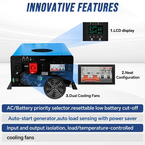 No Frills 10KW Solar Hybrid Inverter Off Grid Workhorse features dual cooling fans and LCD display for optimal performance.