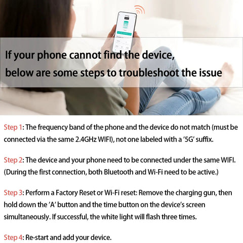 Person troubleshooting Hella Fast Level 2 EV Charger For Home Garage with mobile app on phone, steps highlighted.