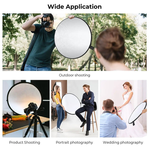 5 In 1 Light Reflector Kit 32 Inch Portable Collapsible For Studio And Outdoor Photography in various settings.