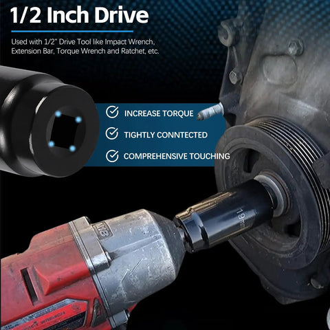 Image of Honda 19mm Harmonic Balancer Socket Tool For Crank Bolt in use with impact wrench on engine.