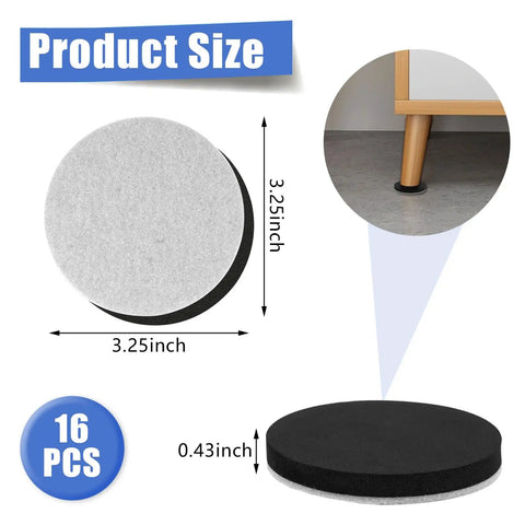 16-Piece Felt Furniture Sliders For Hardwood Floors, 3-1/4 Inch Glide Pads shown with dimensions and under furniture use.