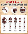 5pcs 5 flute countersink drill bit set for woodworking, featuring hex shanks and 82-degree angles, suitable for flush screws.