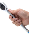 Hand holding Half Inch Ratchet Wrench With 100 Tooth Reversible Gear, 3.6 Degree Quick Release Half Inch Drive, Ten Inch Long Handle.