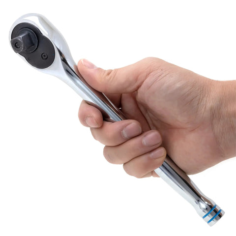 Hand holding Half Inch Ratchet Wrench With 100 Tooth Reversible Gear, 3.6 Degree Quick Release Half Inch Drive, Ten Inch Long Handle.