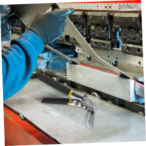 Manual Metal Bender Tool With 3 Inch Seaming Pliers on sheet metal fabrication table, industrial setting