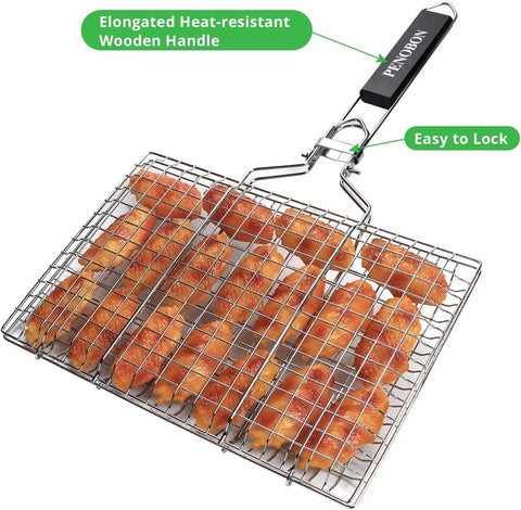Folding Stainless Steel Fish Grill Basket For Outdoor BBQ Portable and Durable with chicken inside and removable handle