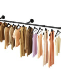 Wall Mounted Clothes Rack 72.5in Industrial Pipe Vibe Heavy Duty Detachable Iron Garment Bar with dresses and coats hanging