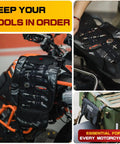 Roll Up Ride Ready Motorcycle Tool Roll Bag Pouch And Wrench Organizer attached to a motorcycle handlebar with tools inside.