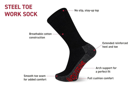 Mens Steel Toe Cotton Mid Calf Socks Two Pack Black For Work Size 10 To 13 Sock Fits Shoe 9 To 13 Durable Heavy Duty Comfort Protective Wear With Cushioned Footbed And Ultra Durable Knit For Everyday Tough Jobs