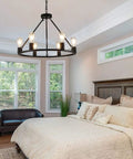 Bedroom with Industrial Black Wagon Wheel Chandelier With Six Candle Style Lights Dope Farmhouse Vibe Ceiling Fixture 23.6 Inch