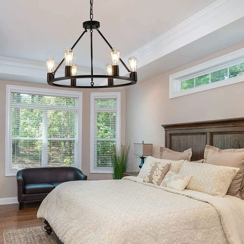 Bedroom with Industrial Black Wagon Wheel Chandelier With Six Candle Style Lights Dope Farmhouse Vibe Ceiling Fixture 23.6 Inch