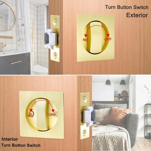 Pocket Door Passage Latch Set Satin Brass Square Handle Easy Install Privacy Lock Double Sided