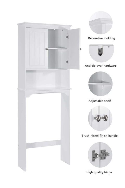 Over The Toilet Storage Cabinet For Bathroom White Beadboard Style Shelf With Anti Tip Anchor features and decorative details