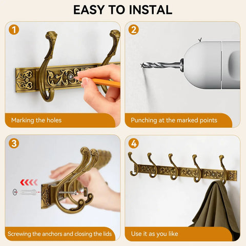 Installation steps for Space Saving Wall Mount Coat Rack With 5 Hooks And Key Holder, showing drilling and mounting process.