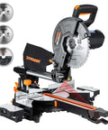 Front view of DOVMAN 10-inch sliding miter saw on stand with orange accents, 3 blades and laser guide