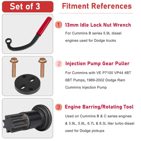 Set of 3 Cummins engine tools: 13mm idle lock nut wrench, pump gear puller, engine barring tool