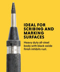 Close-up of heavy-duty automatic center punch for marking with steel body and replaceable hardened point for wood and metal work.
