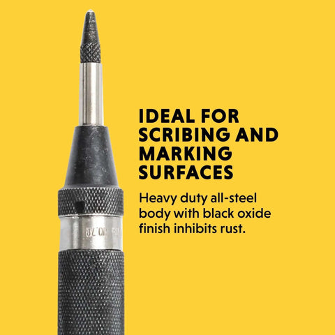 Close-up of heavy-duty automatic center punch for marking with steel body and replaceable hardened point for wood and metal work.