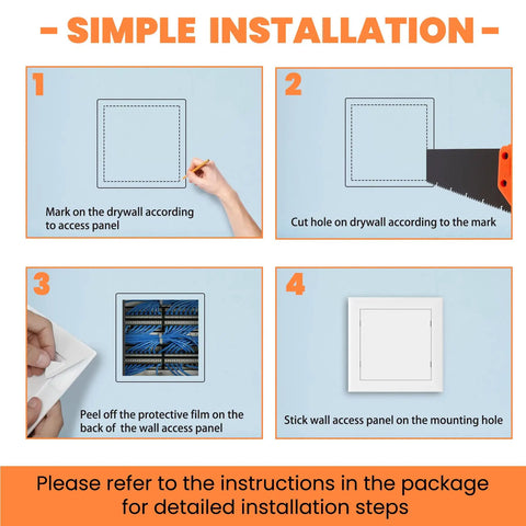 Installation steps for 10X10 Self Adhesive Access Panel Drywall Hole Cover With Dead Simple Install And Paintable Finish.