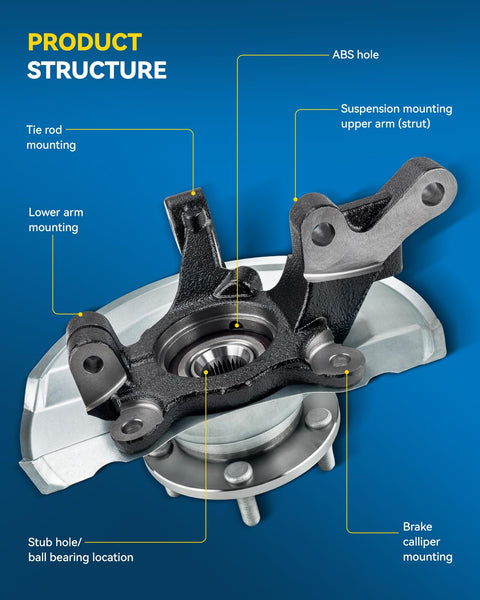 Front Steering Knuckle And Wheel Bearing Hub Assembly For Toyota Camry 1997 To 2001, front view with labeled parts