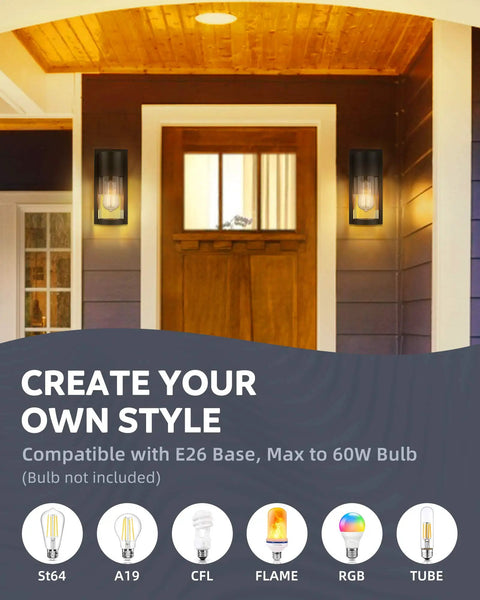 Two Pack Outdoor Wall Lanterns Black Waterproof Exterior Lighting Fixtures With Glass Shade mounted on porch