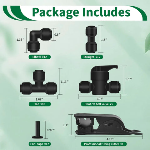 1/4 Inch Drip Irrigation Quick Connect Fittings Kit 52 Piece DIY Pro Grade Set with couplings, tees, elbows, and cutter