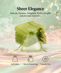 One Hundred Green Organza Bags With Sheer Mesh Drawstring Pouches 7.9x11.8 In For Weddings Favors Jewelry Candies And Party Supplies Bulk Pack Perfect For Gift Bags Party Favors Wedding Decor Candy Buffets Jewelry Storage Event Planning, displayed on iridescent background.