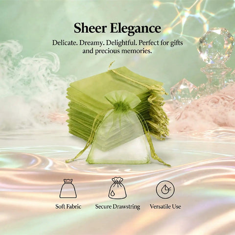 One Hundred Green Organza Bags With Sheer Mesh Drawstring Pouches 7.9x11.8 In For Weddings Favors Jewelry Candies And Party Supplies Bulk Pack Perfect For Gift Bags Party Favors Wedding Decor Candy Buffets Jewelry Storage Event Planning, displayed on iridescent background.
