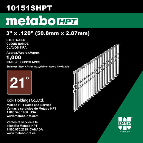 Pro Grade 304 Stainless Steel Full Round Head Ring Shank 3 Inch Framing Nails,.120 Inch Plastic Strip Sheathing Nails, 21 Degree, Works With Plastic Strip Nailers, 1000 Count packaging box showing nails layout. Green and brown design with contact information and product details.