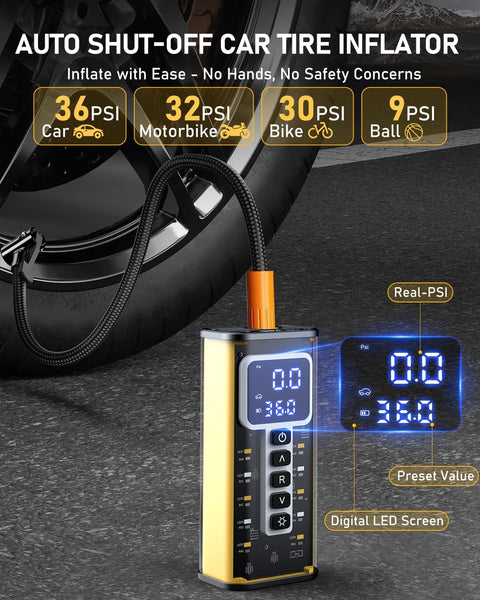 Go-To Portable Tire Inflator With Gauge 150 PSI shown with digital LED screen near car tire.