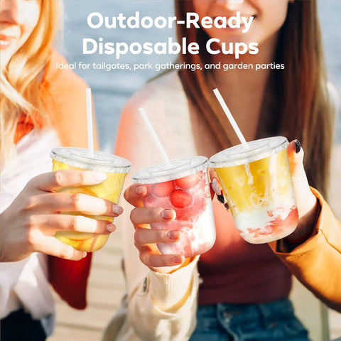 Clear 12 Oz Cups With Lids And Straws 50 Pack For Iced Coffee Smoothies Milkshakes Juices To Go Durable BPA Free PET Plastic Party Ready