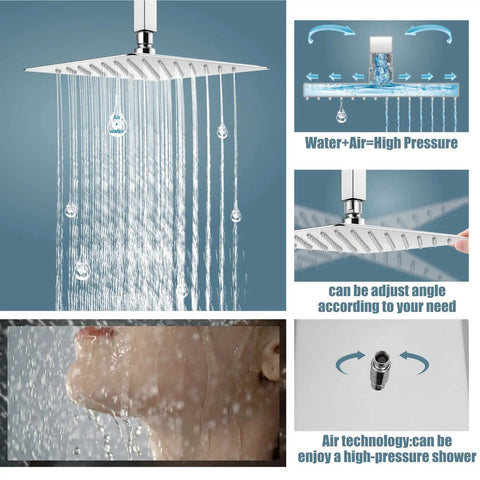 Polished Chrome 12 Inch Ceiling Mount Shower System With Rain Shower Head And Handheld Spray Luxury Shower Combo With Pressure Balance Valve Shower Trim Included For Bathroom Upgrade, featuring high-pressure rainfall and adjustable angles.