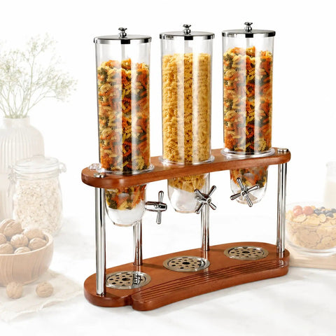 Triple Cereal Dispenser Countertop Stand With Independent Twist Knobs moisture sealed, clear canisters for oats, granola, rice, nuts, coffee beans.