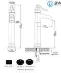 Technical drawing of Oil Rubbed Bronze Vessel Sink Faucet With Waterfall Flow Tall One Hole Deck Mount Single Handle Vanity Faucet Includes Faucet Supply Hose Heavy Duty Solid Brass Construction Ceramic Cartridge For Leak Free Performance.