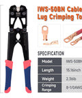 Heavy Duty Battery Cable Lug Crimping Tool For AWG 8 To 1/0 Copper And Aluminum Lugs, One Hand Adjustable Wheel, Non Welding Electrical Connection, Durable, Workhorse Quality, Easy To Use, Great For Auto And Marine Applications. 15.16-inch crimping tool with copper lugs