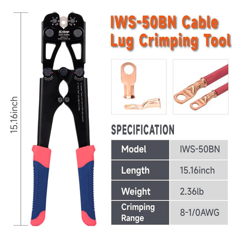 Heavy Duty Battery Cable Lug Crimping Tool For AWG 8 To 1/0 Copper And Aluminum Lugs, One Hand Adjustable Wheel, Non Welding Electrical Connection, Durable, Workhorse Quality, Easy To Use, Great For Auto And Marine Applications. 15.16-inch crimping tool with copper lugs