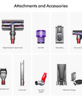 Attachments and accessories for V15 Detect Pro Cordless Vacuum Cleaner With Smart Debris Sensing And Power Trigger, Up To 120 Minutes Run Time, Auto Power Adjustment For Messy Floors, Lightweight Yet Tough For Home And Small Biz Cleaning including digital motorbar cleaner head, extra filter, extra battery, hair screw tool, combination tool, crevice tool, low reach adapter and wall dock & charger.