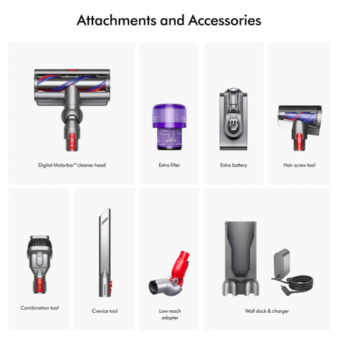 Attachments and accessories for V15 Detect Pro Cordless Vacuum Cleaner With Smart Debris Sensing And Power Trigger, Up To 120 Minutes Run Time, Auto Power Adjustment For Messy Floors, Lightweight Yet Tough For Home And Small Biz Cleaning including digital motorbar cleaner head, extra filter, extra battery, hair screw tool, combination tool, crevice tool, low reach adapter and wall dock & charger.
