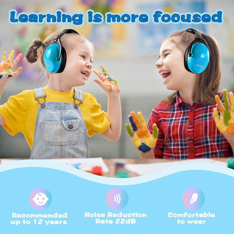 Kids wearing blue kid friendly noise canceling headphones for autism ear protection with cushioned headband and soft padding.