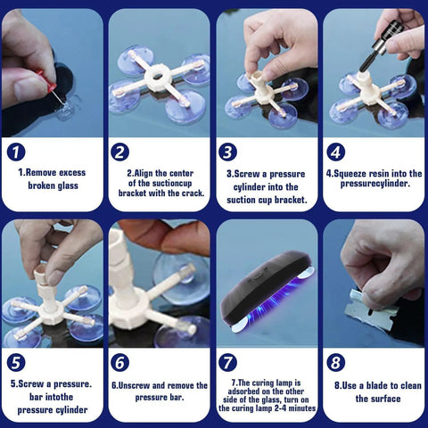 Diagram showing steps to use Pro Grade Windshield Repair Kit With Vacuum Technology 2 Piece Set Suction Cup Curing Light Auto Glass Repair Tool For Chips And Cracks Nano Resin System Sapphire Edition on a windshield.