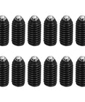 M6x12mm Black Carbon Steel Hex Socket Spring Plungers Ball Point Set Screws Locks In Tight For Furniture Repair And Machinery Fixtures Pack Of Twelve Snag Free Hardware Clips in row, showing black steel with silver ball points.